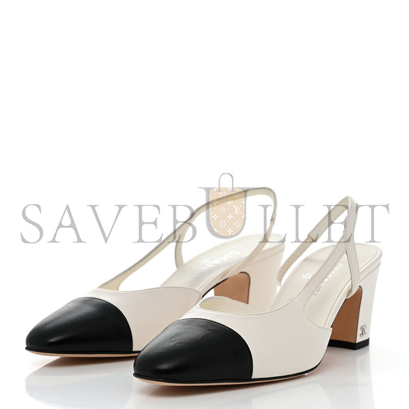 CHANEL LAMBSKIN CAP TOE CC SLINGBACK PUMPS WHITE BLACK 
